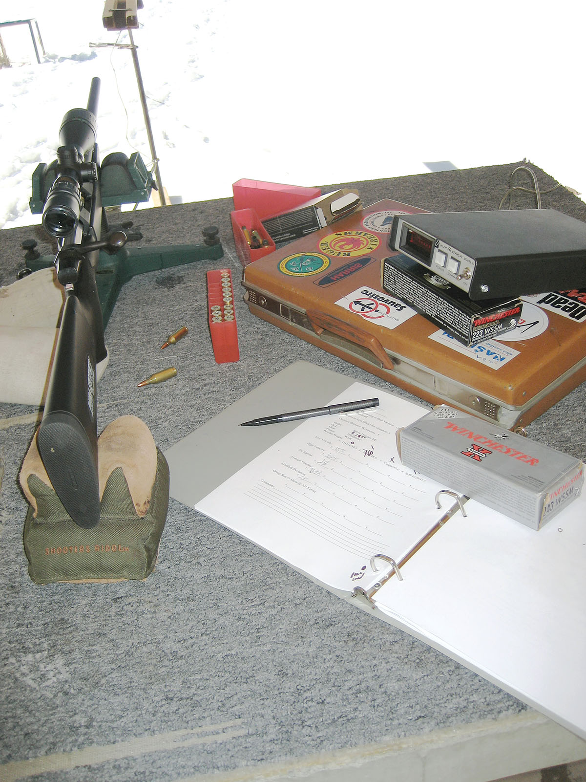 This is Haviland’s setup for testing .243 WSSM loads.